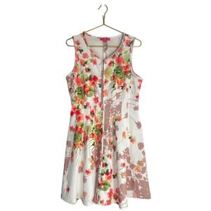 Betsey Johnson Floral Fit & Flare Dress Y2K Sz 12 Zip Front Red Pink Green Tan